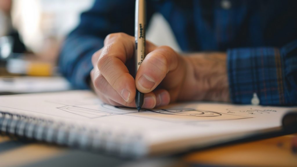 Hand mit Stift über einem Notizbuch